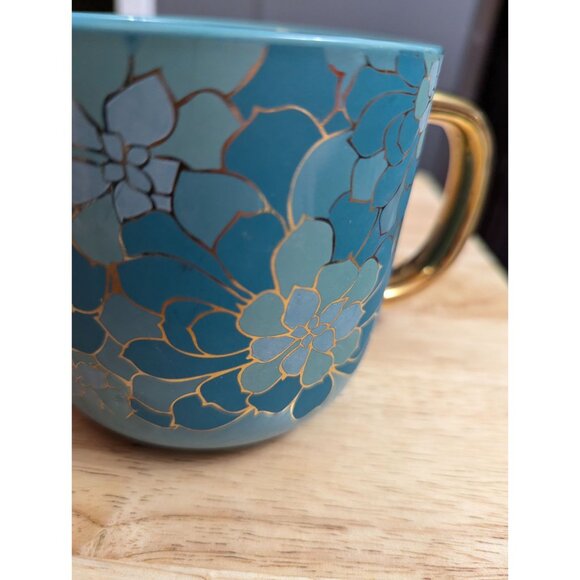Thyme and Table stoneware blues gold tones floral 16 oz 4 inch mug org tag - Picture 7 of 9